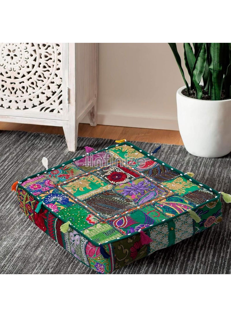 iinfinize Handmade Floor Pillows Cushion Box with Tassles Lace 3 Zipper Cotton Patchwork Vintage 18x18x5 Inch Boho Embroidered Seating Pouf Pillow Home Decor Bed Room Living Room Out Door