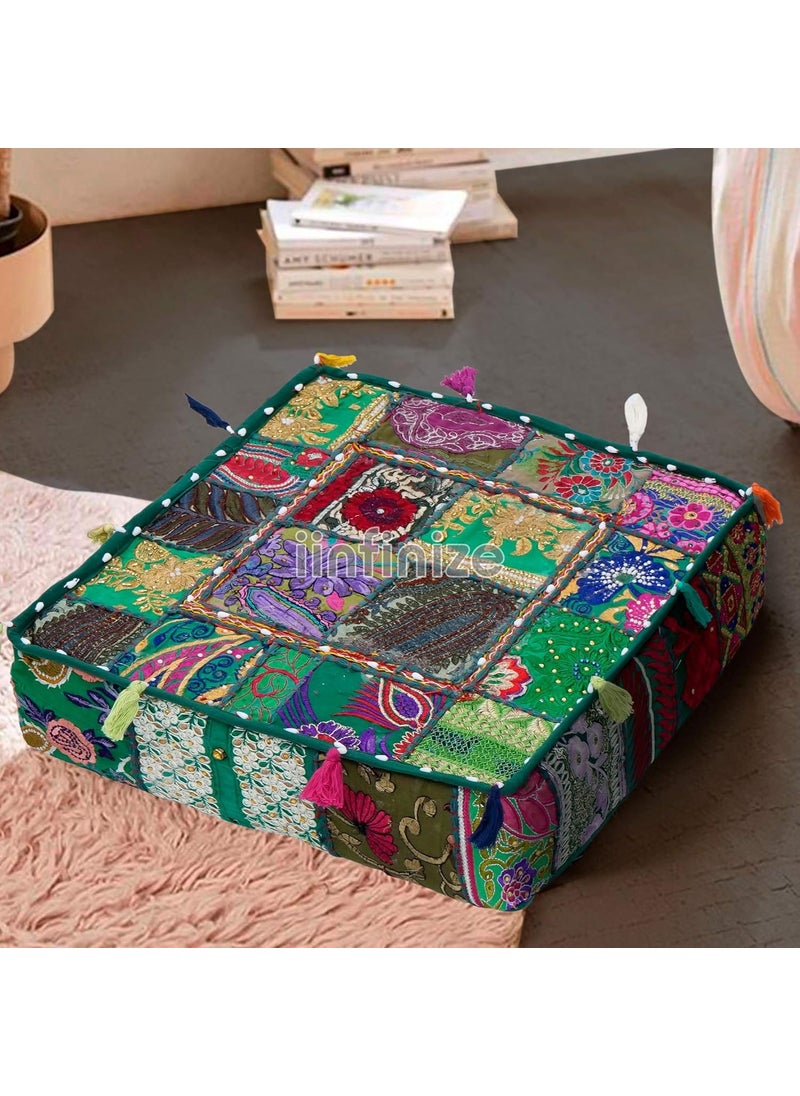 iinfinize Handmade Floor Pillows Cushion Box with Tassles Lace 3 Zipper Cotton Patchwork Vintage 18x18x5 Inch Boho Embroidered Seating Pouf Pillow Home Decor Bed Room Living Room Out Door