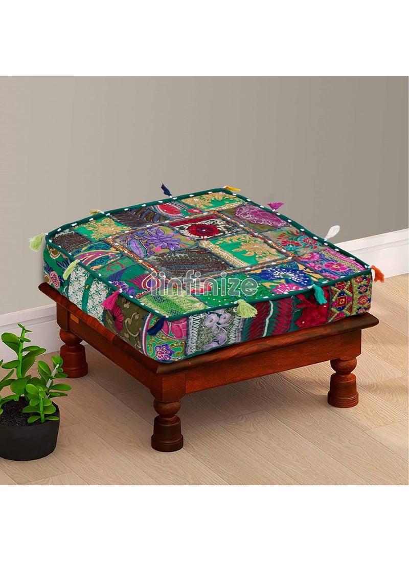 iinfinize Handmade Floor Pillows Cushion Box with Tassles Lace 3 Zipper Cotton Patchwork Vintage 18x18x5 Inch Boho Embroidered Seating Pouf Pillow Home Decor Bed Room Living Room Out Door