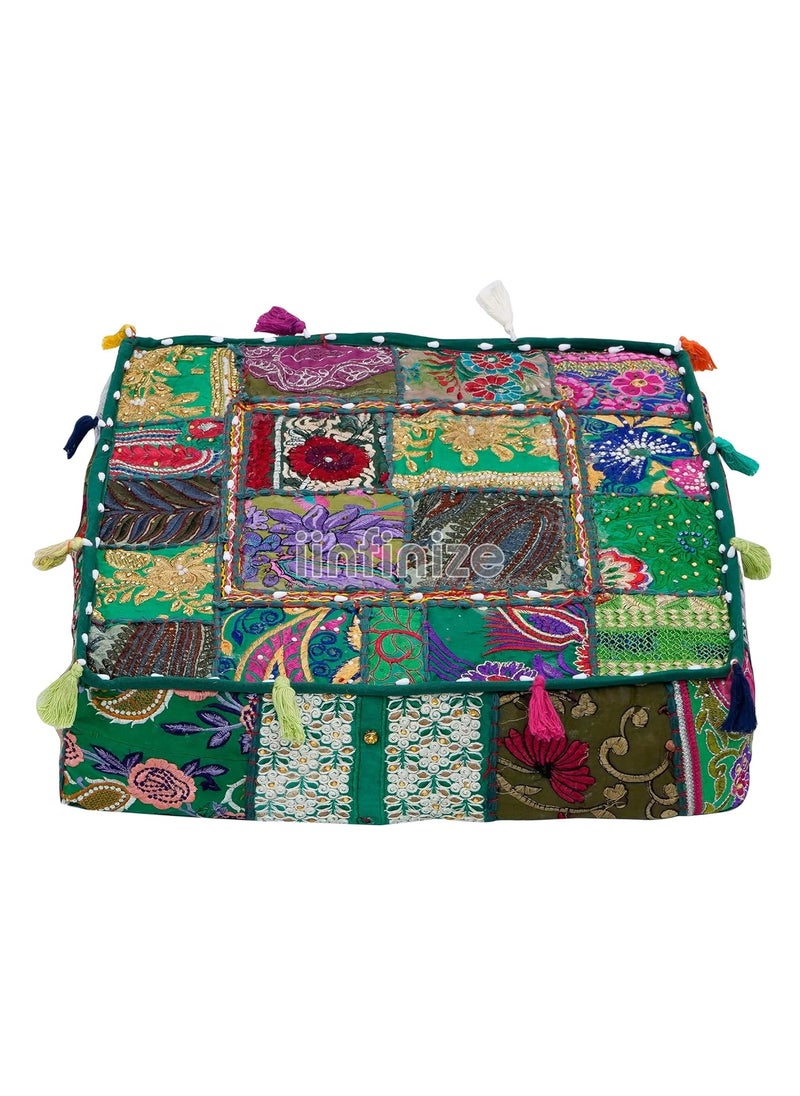 iinfinize Handmade Floor Pillows Cushion Box with Tassles Lace 3 Zipper Cotton Patchwork Vintage 18x18x5 Inch Boho Embroidered Seating Pouf Pillow Home Decor Bed Room Living Room Out Door