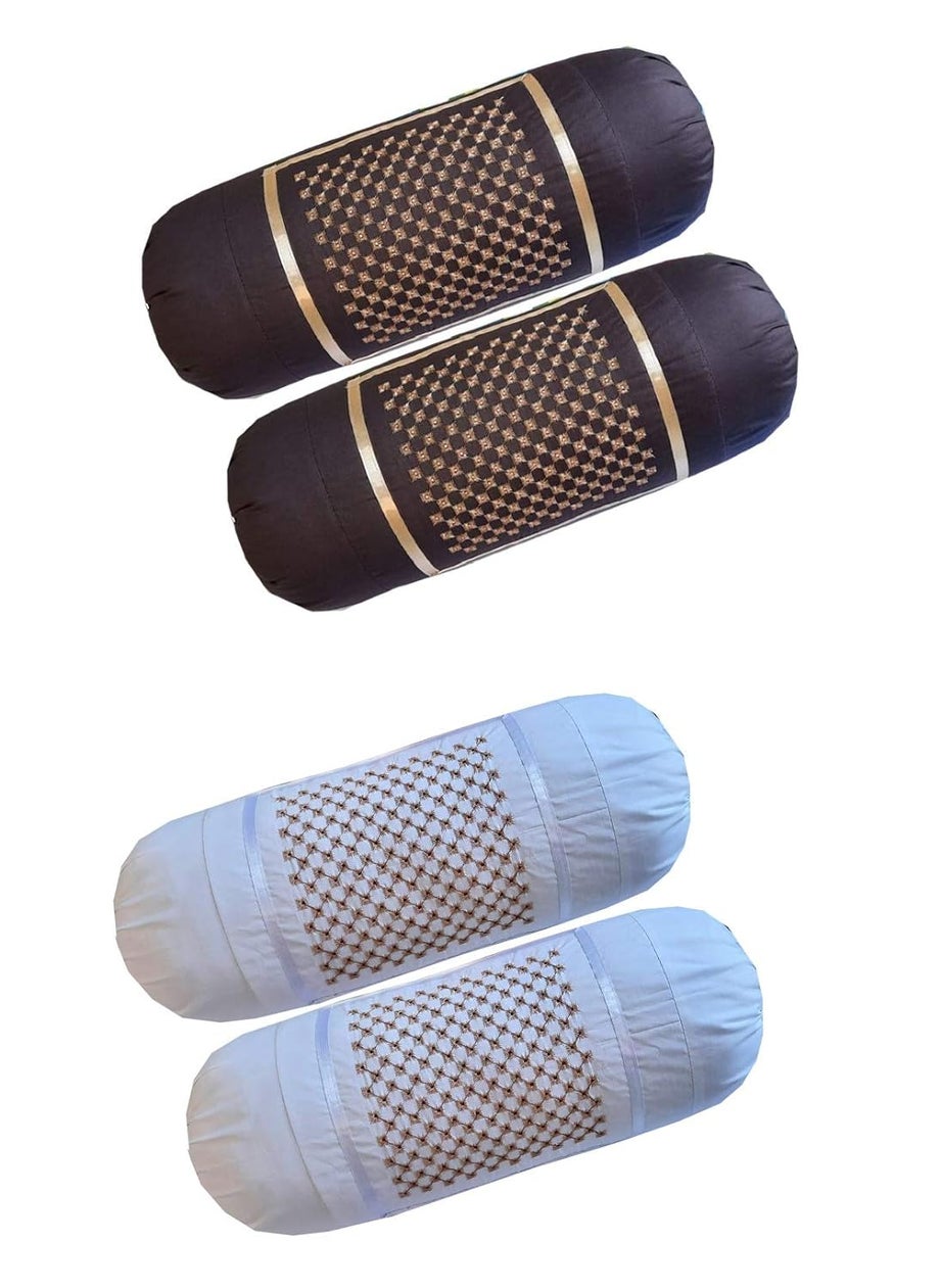 HSR Collection 100 Cotton Embroidered Stone Designed Bolster Cover Set of 4 Coffee White