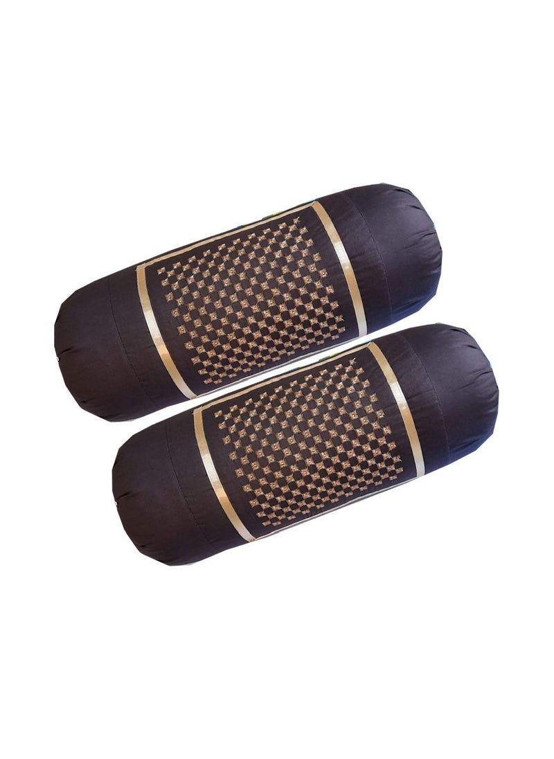 HSR Collection 100 Cotton Embroidered Stone Designed Bolster Cover Set of 4 Coffee White