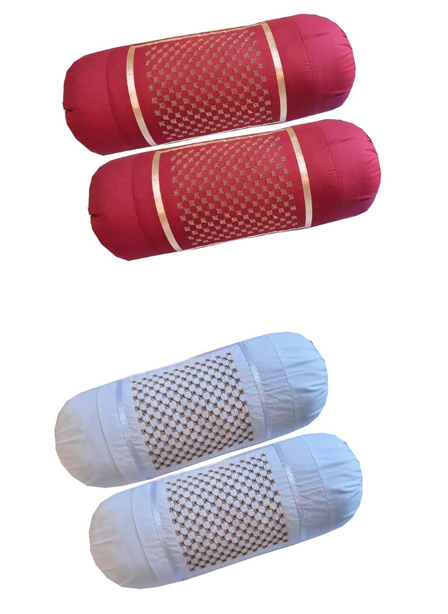 HSR Collection 100 Cotton Embroidered Stone Designed Bolster Cover Set of 4 Maroon White
