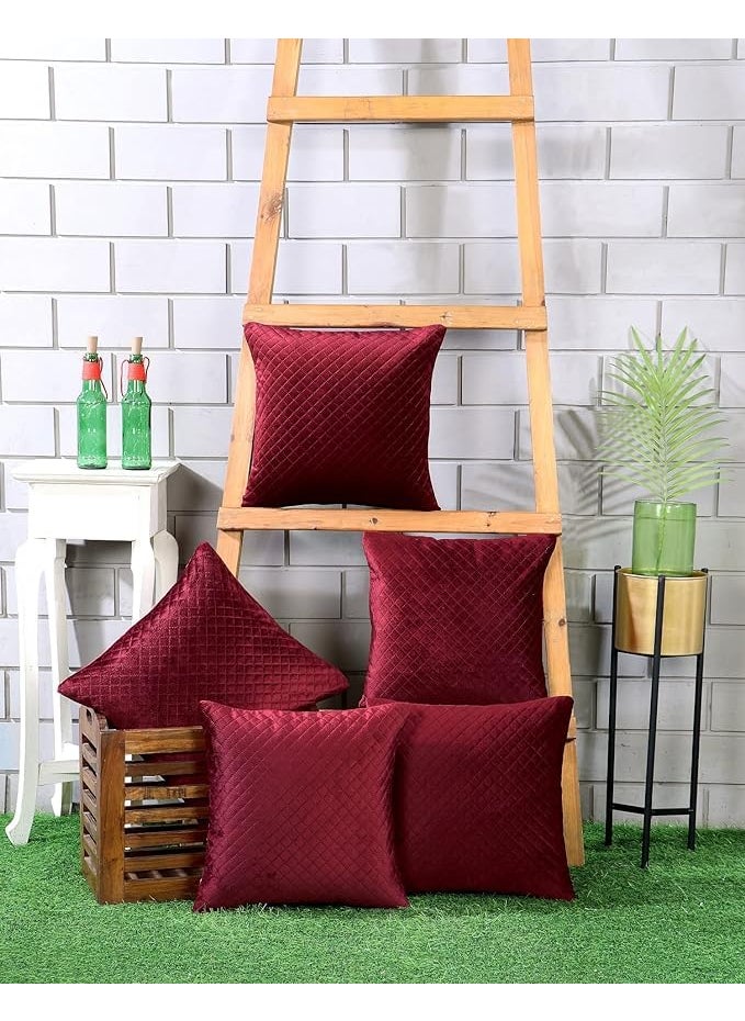 ZUKIODECOR Luxurious Soft Decorative Quilted Velvet Solid Square Throw Pillow Covers for Sofa Living Room or Home Decor 210 TC Cushion Covers 16 Inch X 16 Inch Set of 5 Maroon