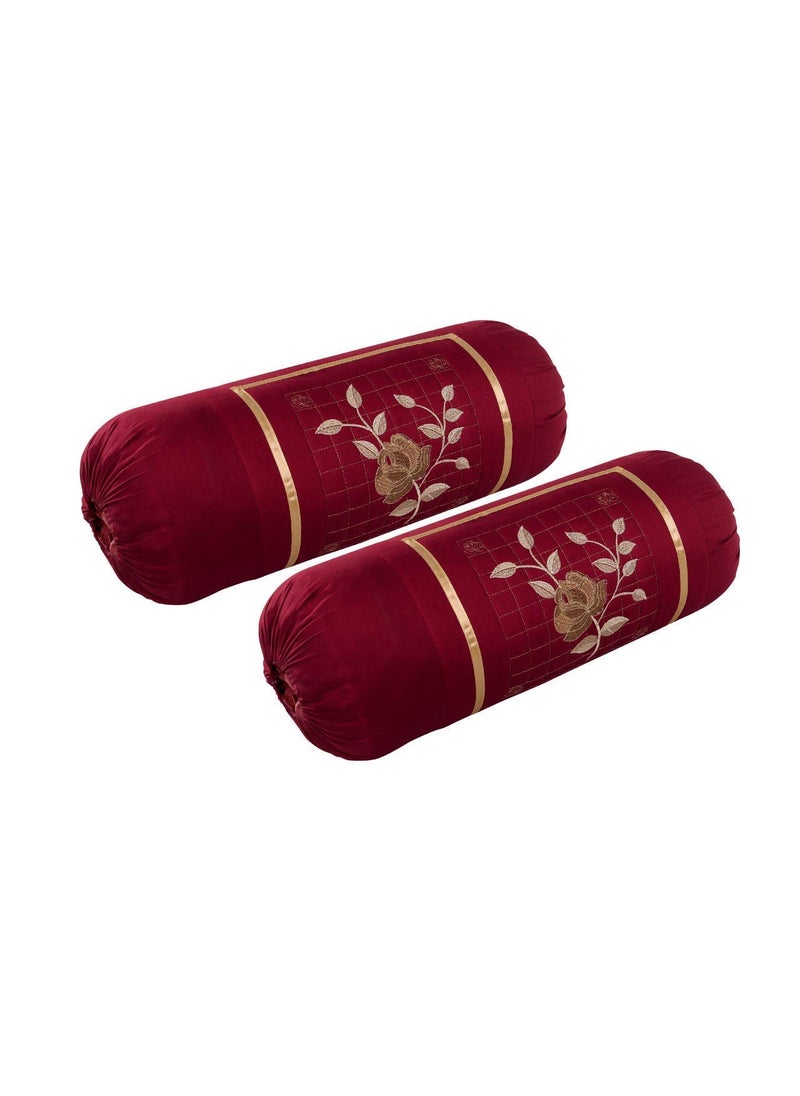 HSR Collection Embroidered Cotton Bolster Round Pillow Covers Pack of 4 Maroon