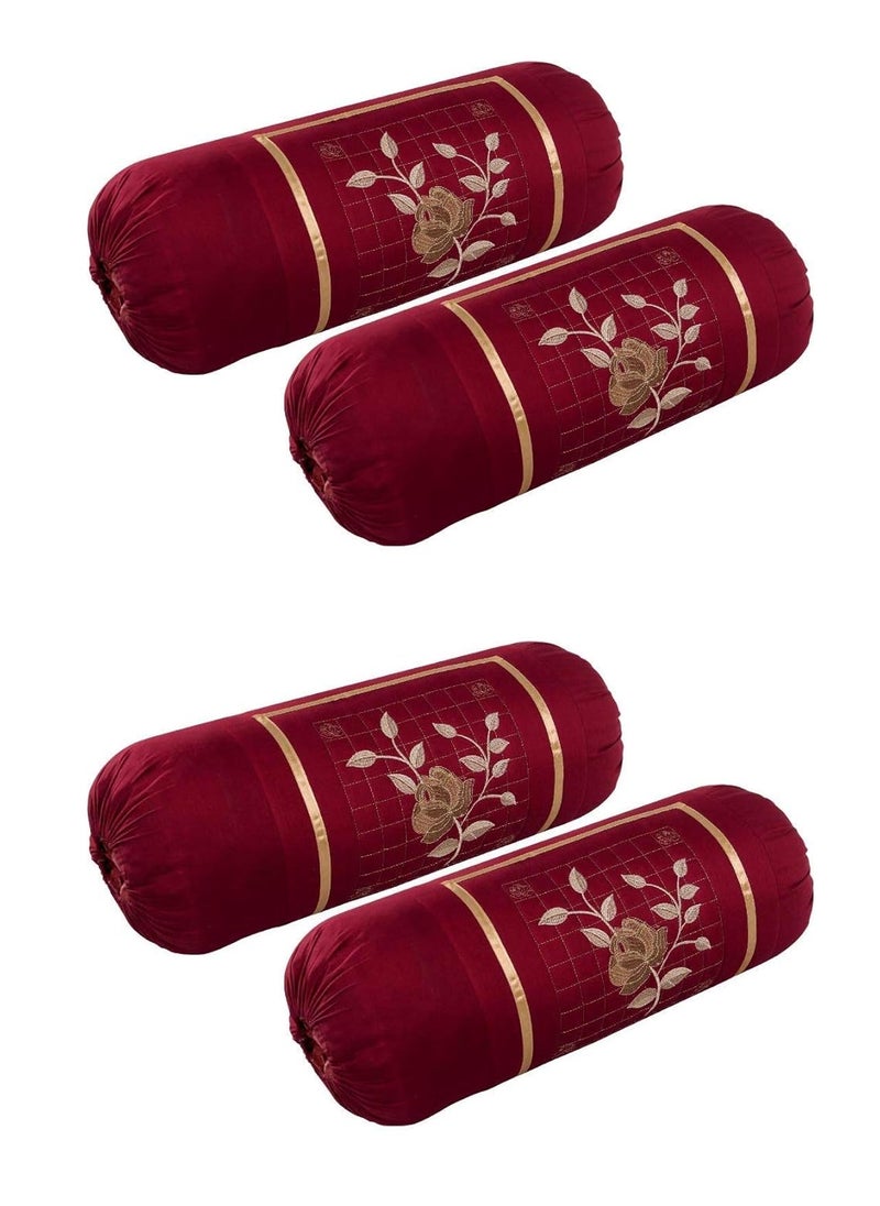 HSR Collection Embroidered Cotton Bolster Round Pillow Covers Pack of 4 Maroon