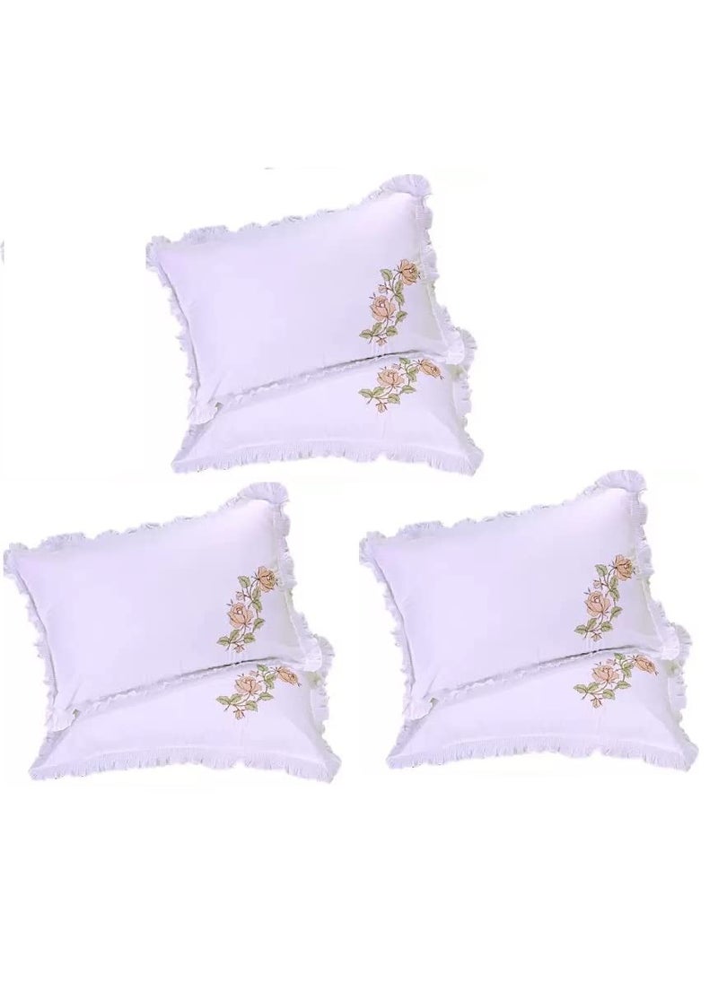 Wonder Decor Embroidered Cotton Pillow Cover 100 Cotton Very Soft Fabric with Zipper at Back Set of 6 Piece White Side Flower