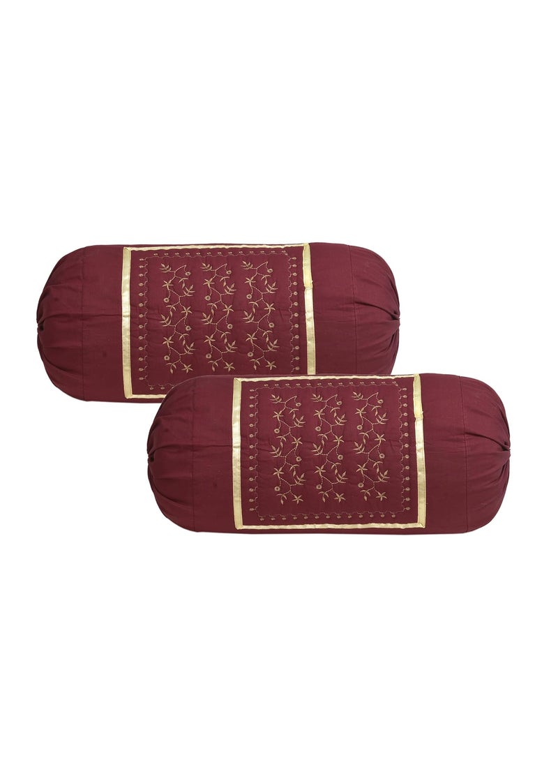 HSR Collection Embroidered Cotton Bolster Round Pillow Covers Pack of 4 Maroon Orange
