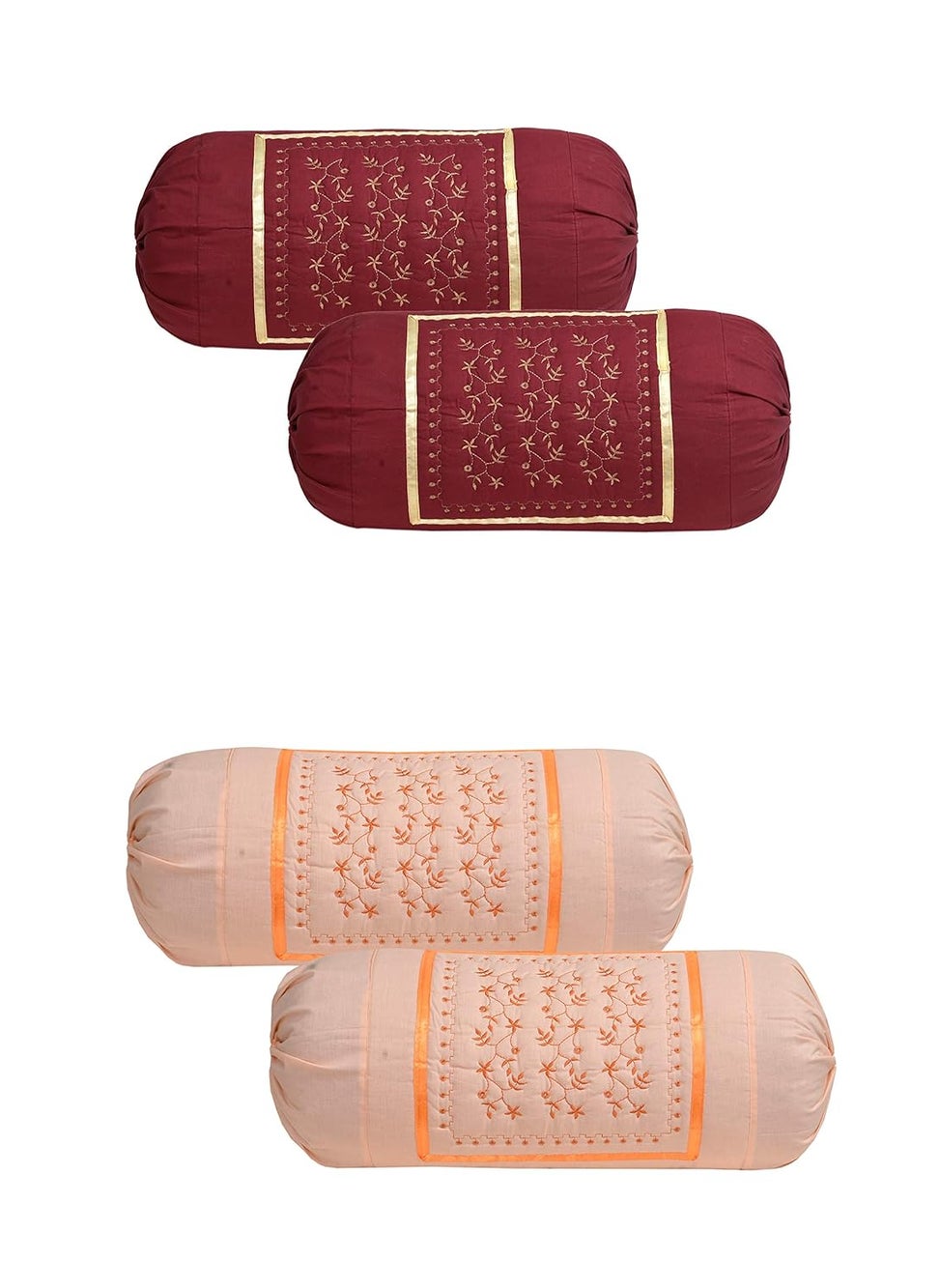 HSR Collection Embroidered Cotton Bolster Round Pillow Covers Pack of 4 Maroon Orange