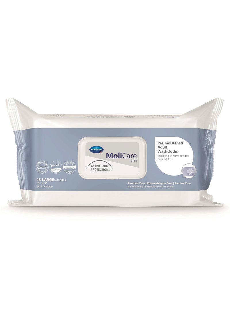 MoliCare Skin Personal Wipes, Pre-Moistened Adult Washcloths - Active Skin Protection with Aloe and Lanolin, Hypoallergenic, Alcohol-Free - 9 in x 13 in, 48 Count, 1 Pack