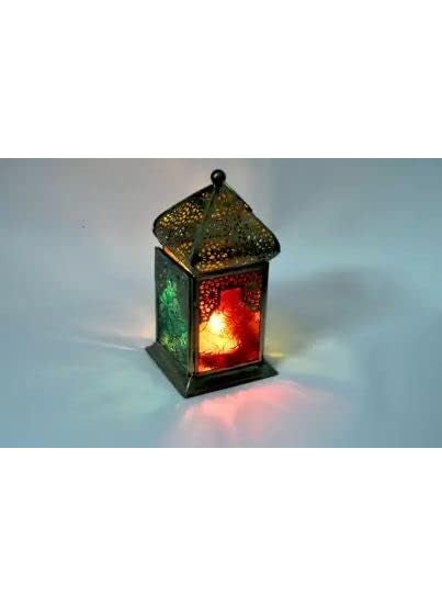 The Decor Affair Gold Traditional Lantern Tealight Holder Exquisite Hanging Antique Lantern with MultiColor Glass Panels for Home Decor Ideal for Adding a Touch of Vintage Charm and Warm