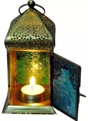 The Decor Affair Gold Traditional Lantern Tealight Holder Exquisite Hanging Antique Lantern with MultiColor Glass Panels for Home Decor Ideal for Adding a Touch of Vintage Charm and Warm