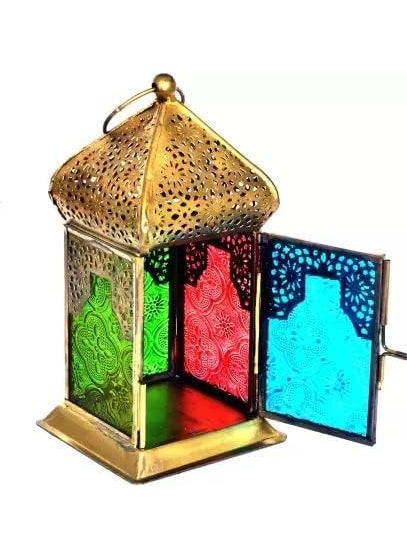 The Decor Affair Gold Traditional Lantern Tealight Holder Exquisite Hanging Antique Lantern with MultiColor Glass Panels for Home Decor Ideal for Adding a Touch of Vintage Charm and Warm