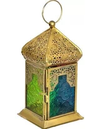 The Decor Affair Gold Traditional Lantern Tealight Holder Exquisite Hanging Antique Lantern with MultiColor Glass Panels for Home Decor Ideal for Adding a Touch of Vintage Charm and Warm