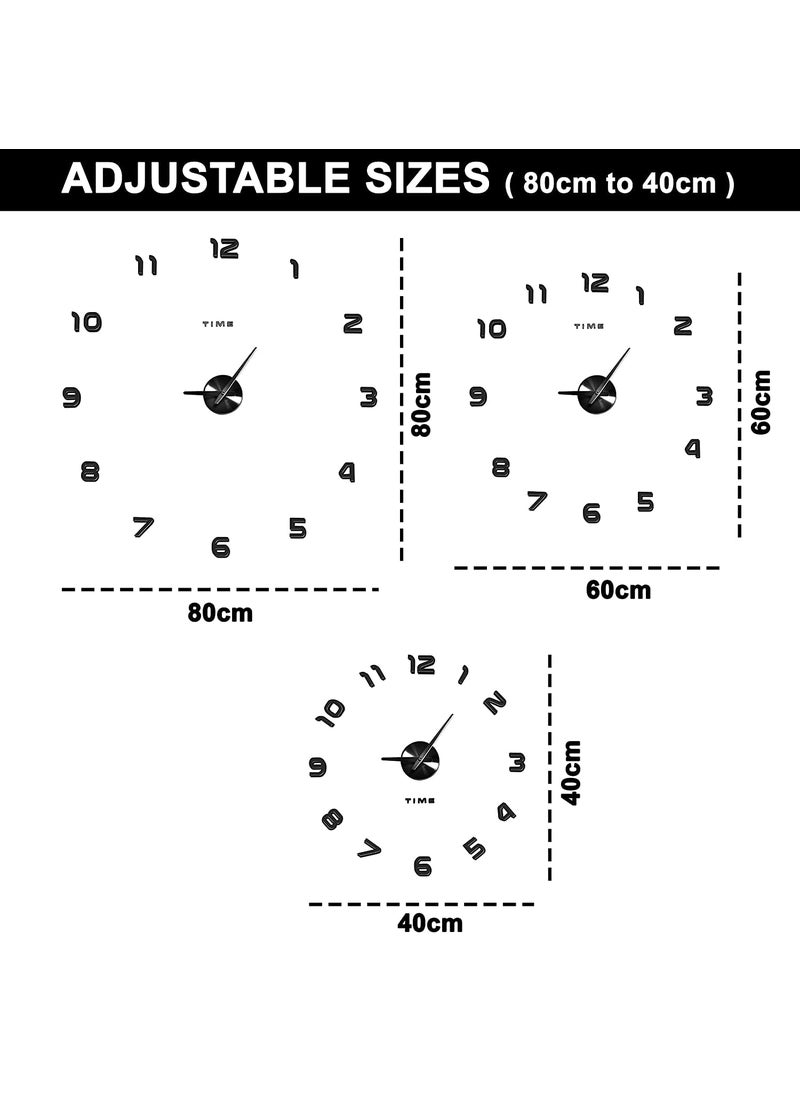 INLERA Sticker Wall ClockPlastic DIY Creative Abstract 3D Frameless Analogue with Acrylic for Living RoomBed RoomWall DecorAdjustable Black