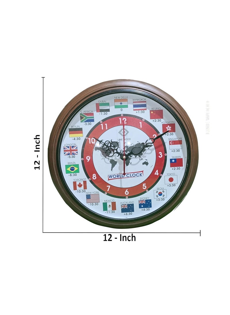 LINE WOOD 12 Inch Wooden Wall Clock Stylish MultiCountry World Clock with Time Zones for Home Office Unique Decor Piece for Living Room Office Gift