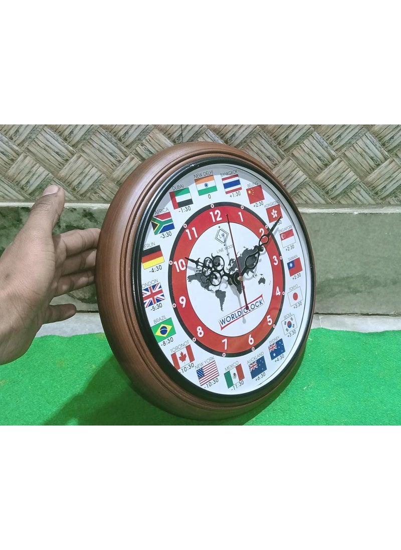 LINE WOOD 12 Inch Wooden Wall Clock Stylish MultiCountry World Clock with Time Zones for Home Office Unique Decor Piece for Living Room Office Gift
