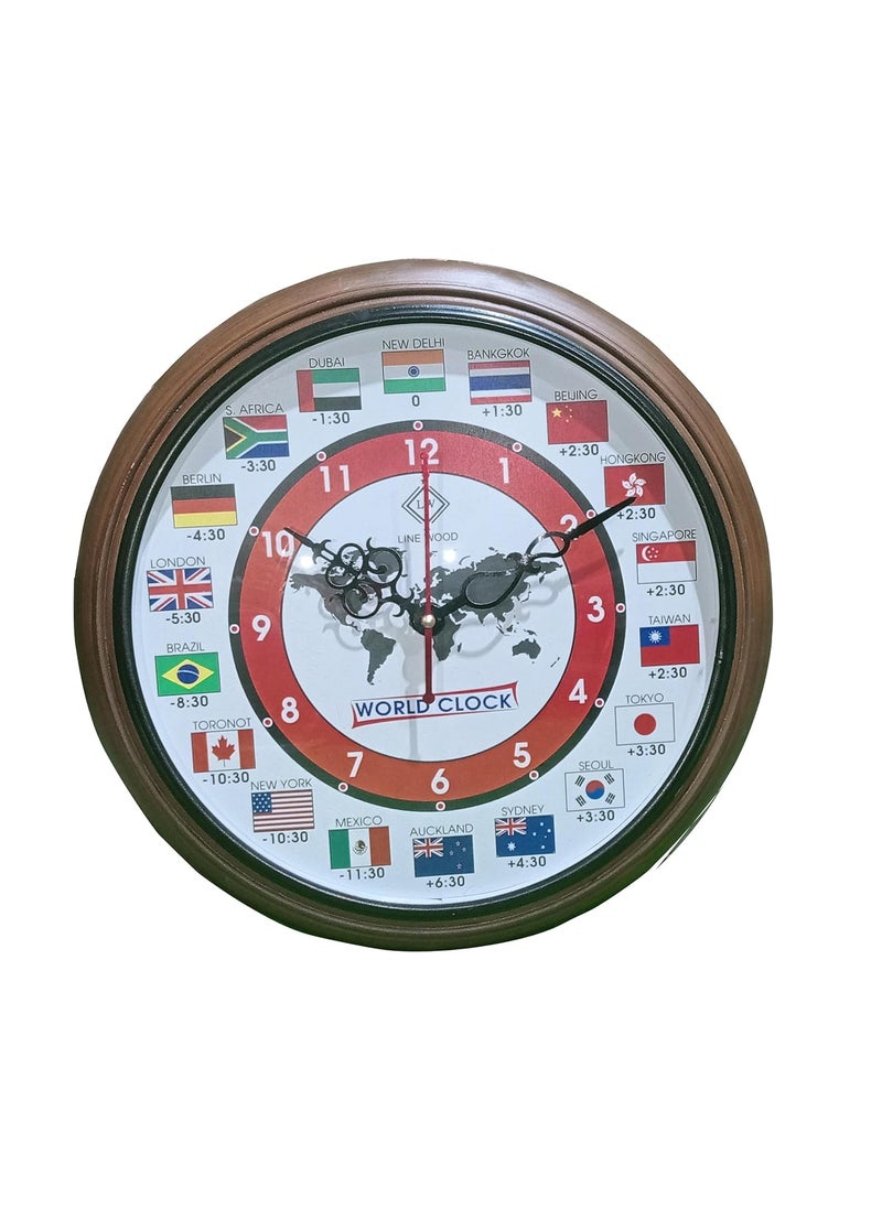 LINE WOOD 12 Inch Wooden Wall Clock Stylish MultiCountry World Clock with Time Zones for Home Office Unique Decor Piece for Living Room Office Gift