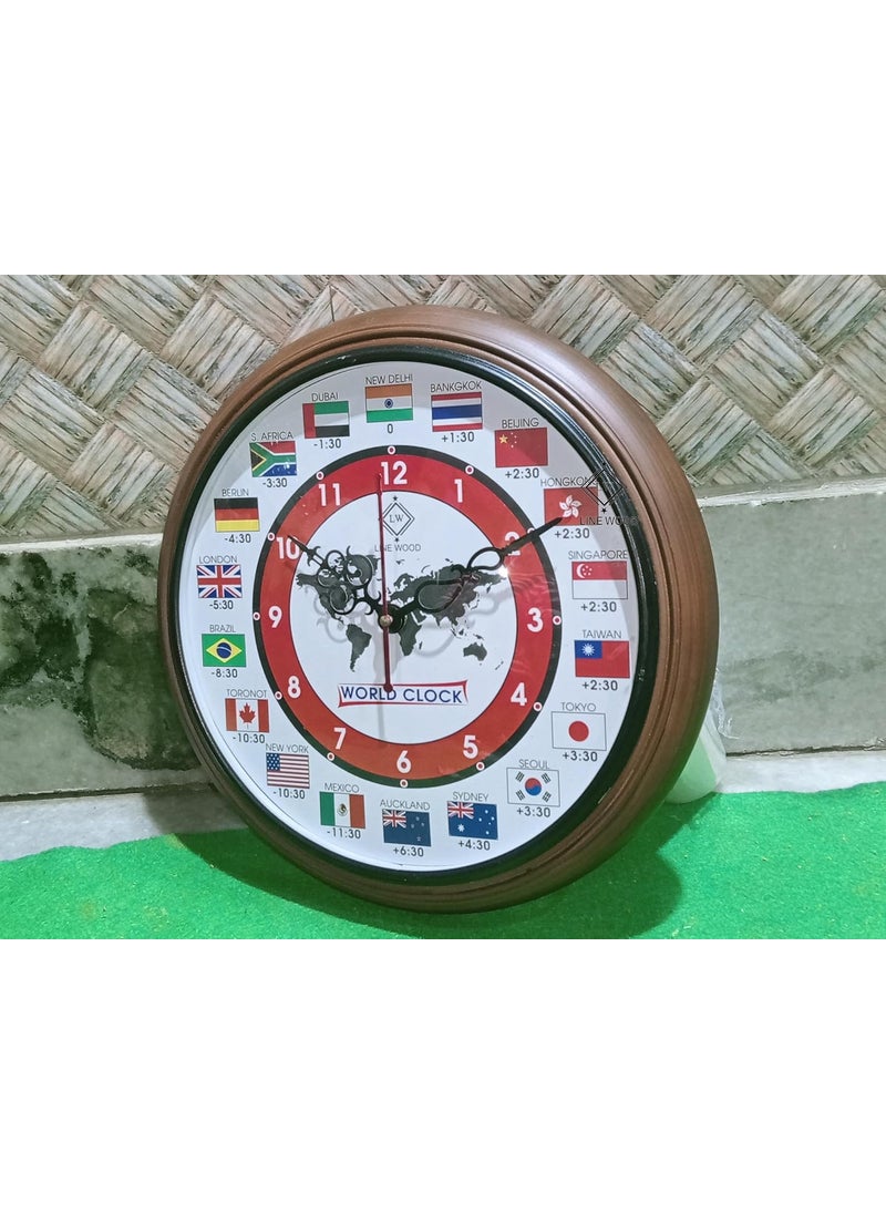 LINE WOOD 12 Inch Wooden Wall Clock Stylish MultiCountry World Clock with Time Zones for Home Office Unique Decor Piece for Living Room Office Gift