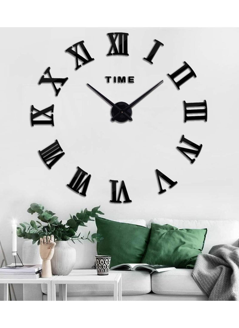 INLERA Large DIY Wall Clock Kit 3D Modern Frameless Wall Clock with Mirror Number Stickers for Home Living Room Bedroom Office DecorationBlack