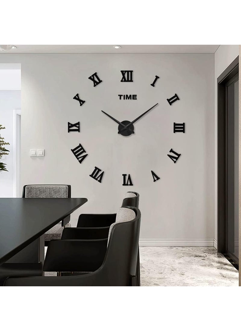 INLERA Large DIY Wall Clock Kit 3D Modern Frameless Wall Clock with Mirror Number Stickers for Home Living Room Bedroom Office DecorationBlack