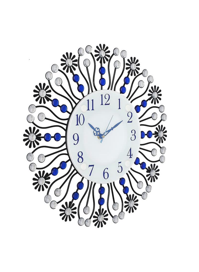 CHRONIKLE Beautiful Floral Design Round Diamond Studded Metal Analog HomeOffice Decor Wall Clock with Sweep Movement Size 37 x 5 x 37 CM Color Blue Black Weight 735 grm