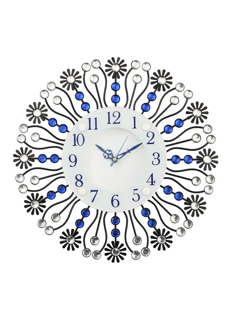 CHRONIKLE Beautiful Floral Design Round Diamond Studded Metal Analog HomeOffice Decor Wall Clock with Sweep Movement Size 37 x 5 x 37 CM Color Blue Black Weight 735 grm