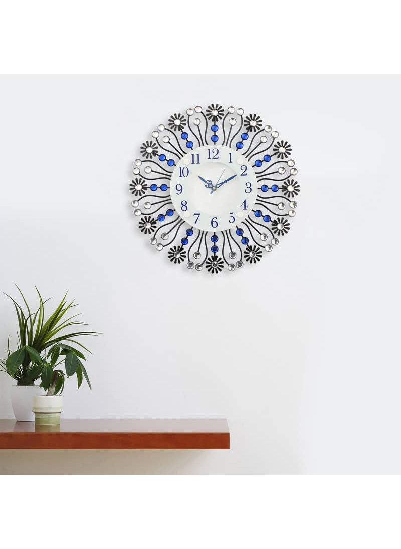 CHRONIKLE Beautiful Floral Design Round Diamond Studded Metal Analog HomeOffice Decor Wall Clock with Sweep Movement Size 37 x 5 x 37 CM Color Blue Black Weight 735 grm