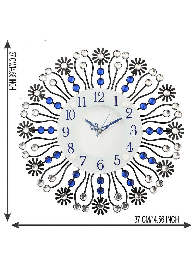 CHRONIKLE Beautiful Floral Design Round Diamond Studded Metal Analog HomeOffice Decor Wall Clock with Sweep Movement Size 37 x 5 x 37 CM Color Blue Black Weight 735 grm