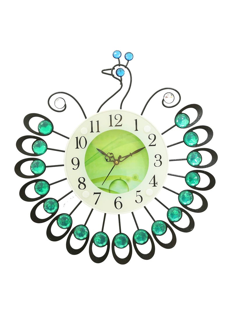 CHRONIKLE Beautiful Peacock Design Diamond Studded Analog HomeOffice Decor Metal Wall Clock with Sweep Movement Size 38 x 5 x 38 CM Color Green Weight 680 grm