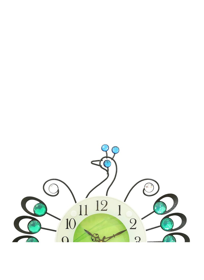 CHRONIKLE Beautiful Peacock Design Diamond Studded Analog HomeOffice Decor Metal Wall Clock with Sweep Movement Size 38 x 5 x 38 CM Color Green Weight 680 grm