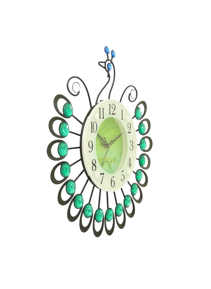 CHRONIKLE Beautiful Peacock Design Diamond Studded Analog HomeOffice Decor Metal Wall Clock with Sweep Movement Size 38 x 5 x 38 CM Color Green Weight 680 grm