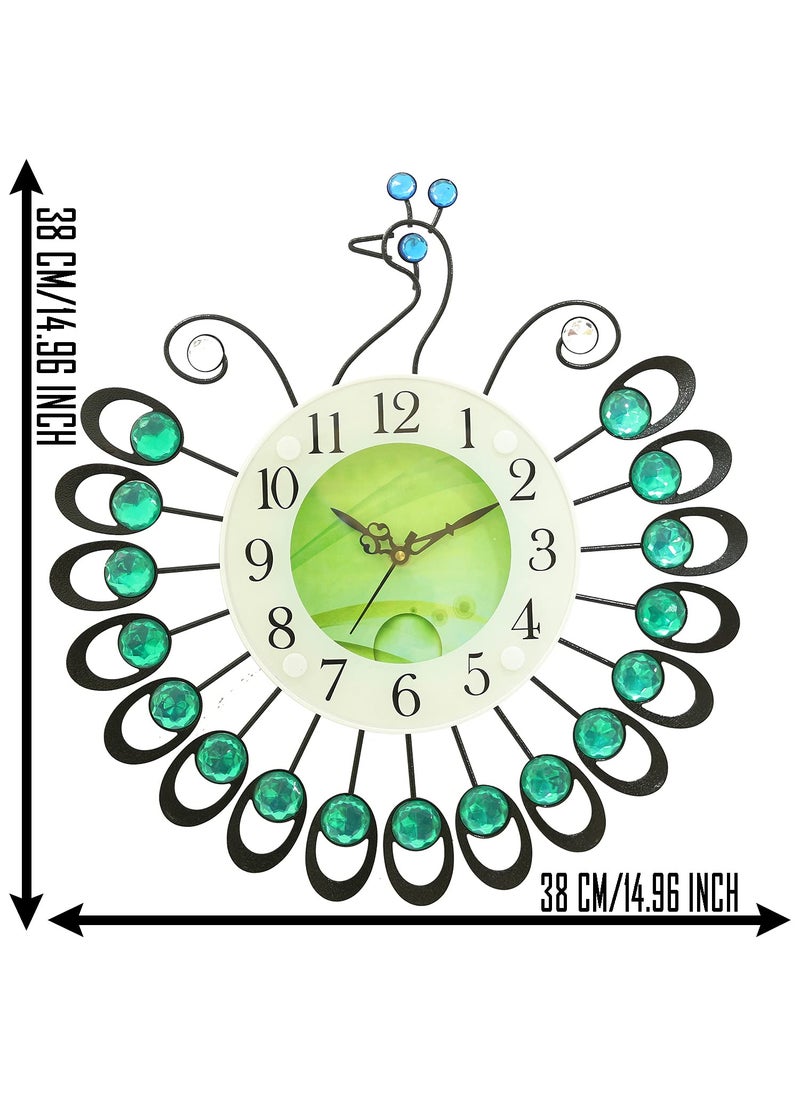 CHRONIKLE Beautiful Peacock Design Diamond Studded Analog HomeOffice Decor Metal Wall Clock with Sweep Movement Size 38 x 5 x 38 CM Color Green Weight 680 grm