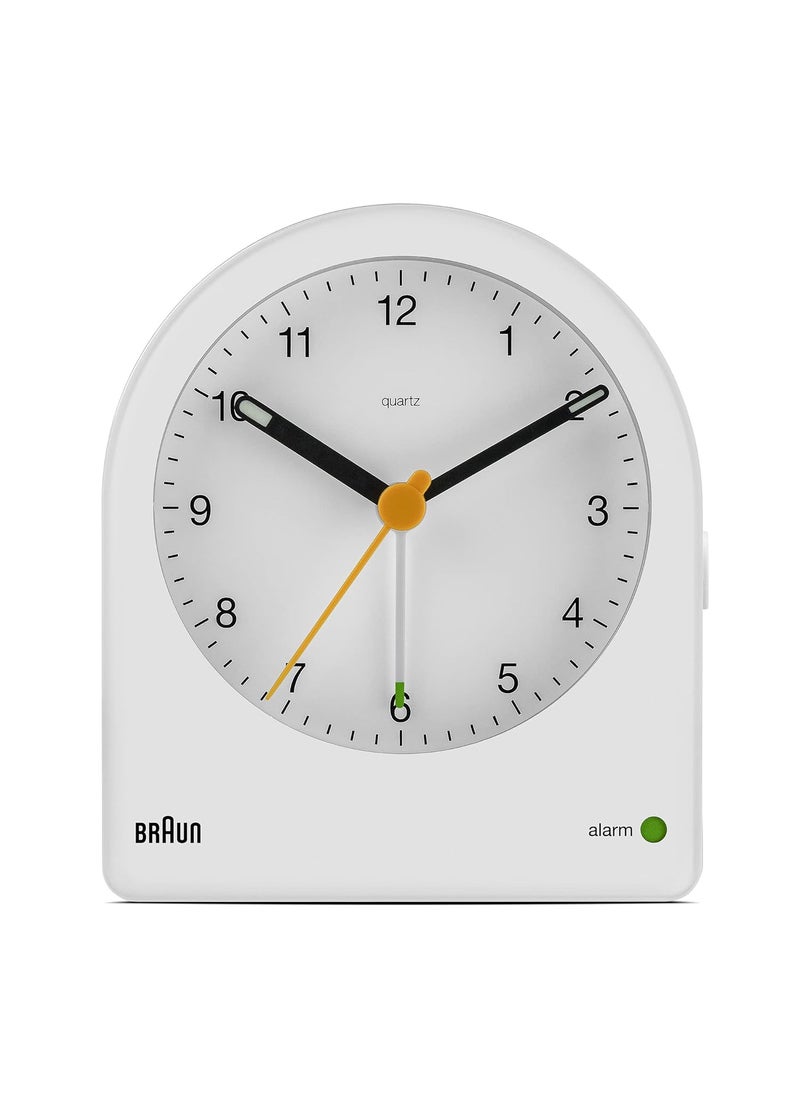 Braun Classic Analogue Alarm Clock with Snooze and Continuous Backlight Quiet Quartz Movement Crescendo Beep Alarm in White Model BC22W