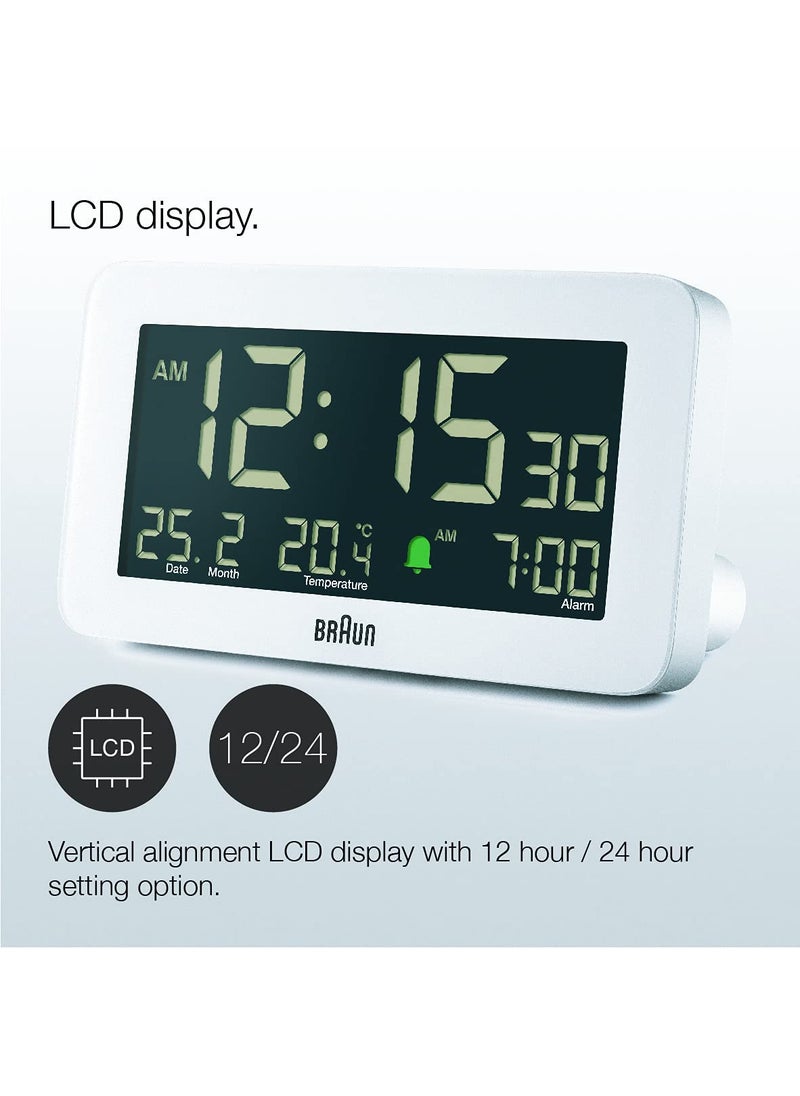 Braun Digital Alarm Clock with Date Month and Temperature Displayed Negative LCD Display Quick Set Crescendo Beep Alarm in White Model BC10W