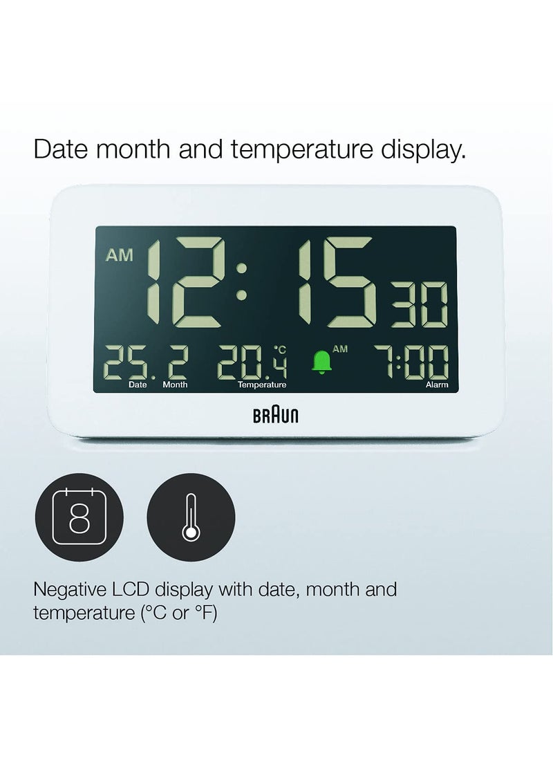 Braun Digital Alarm Clock with Date Month and Temperature Displayed Negative LCD Display Quick Set Crescendo Beep Alarm in White Model BC10W