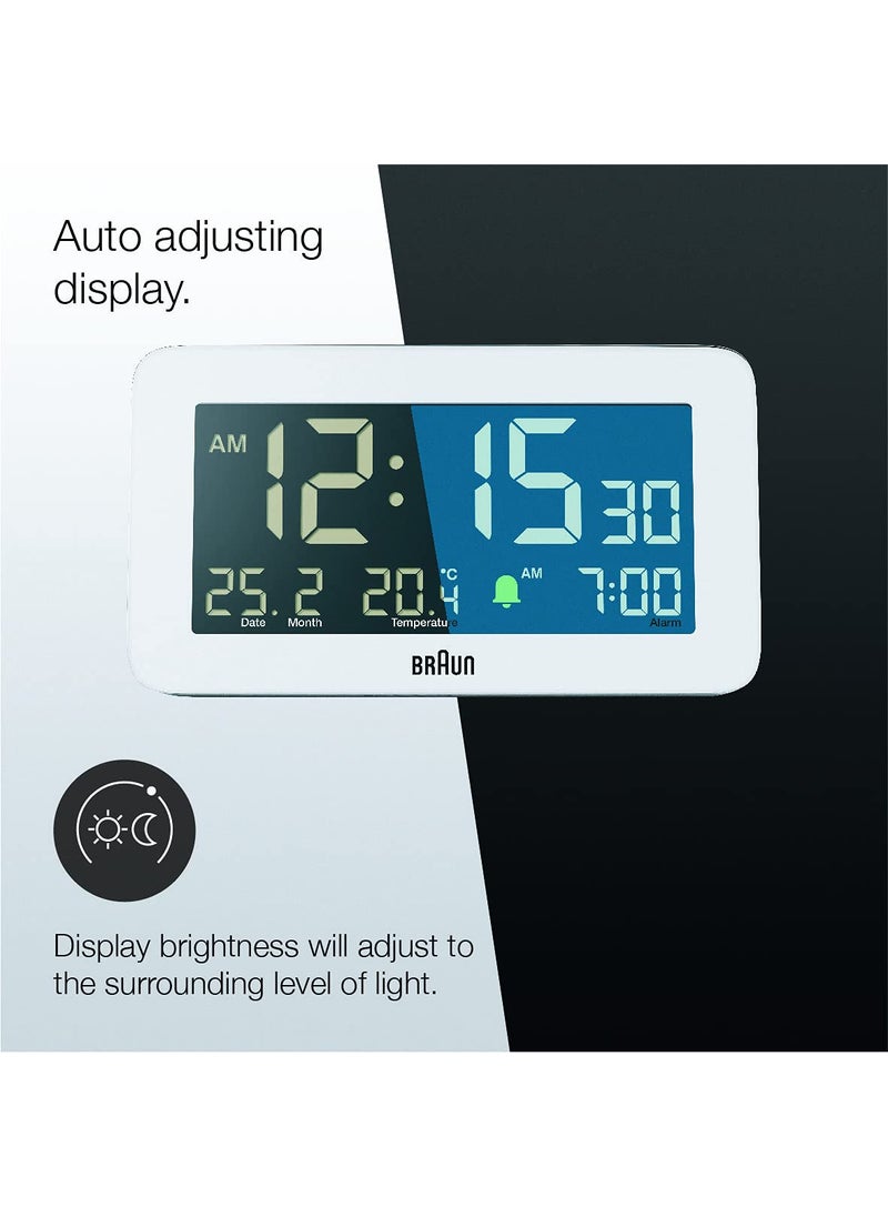 Braun Digital Alarm Clock with Date Month and Temperature Displayed Negative LCD Display Quick Set Crescendo Beep Alarm in White Model BC10W