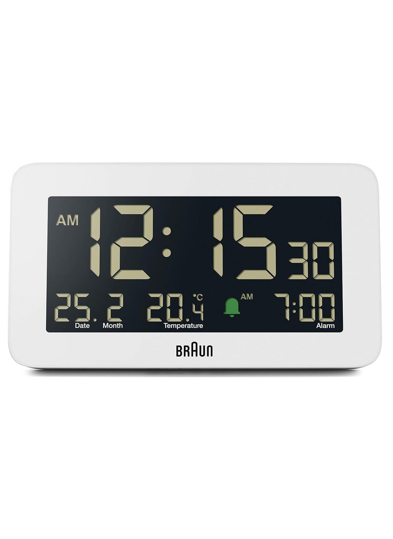 Braun Digital Alarm Clock with Date Month and Temperature Displayed Negative LCD Display Quick Set Crescendo Beep Alarm in White Model BC10W