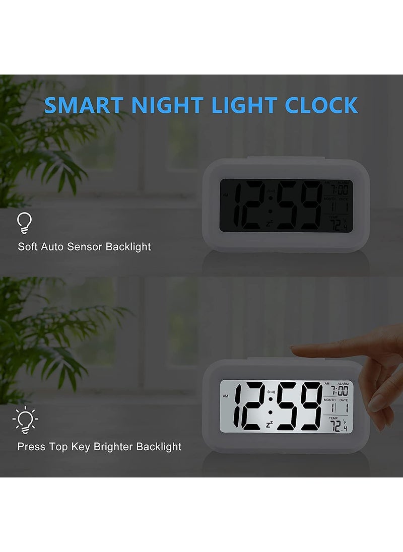RIMCART Digital Alarm Clock with Date Indoor Temperature Battery Operated Clear Display Automatic Sensor Smart Alarm Clock for Girls Kids with Snooze Time for Table Bedroom Office Travel White