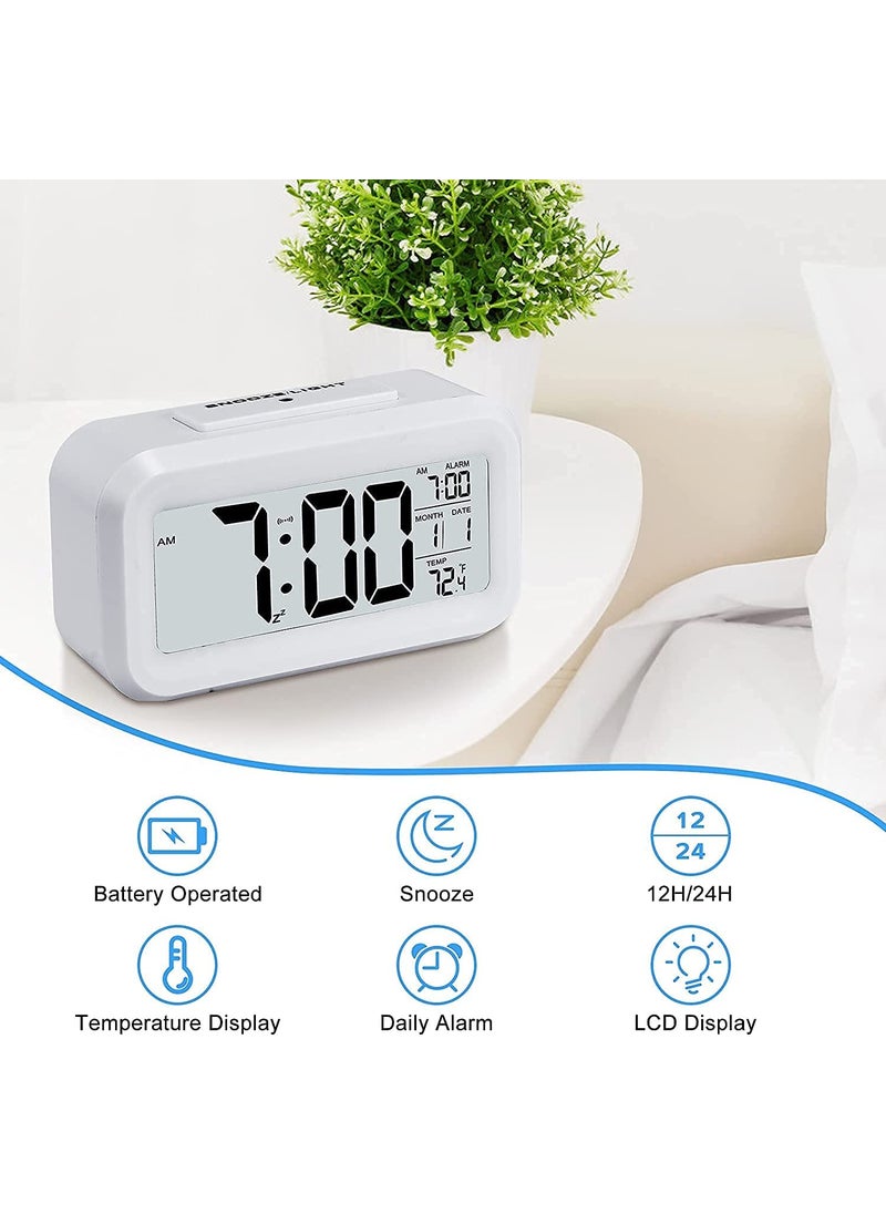 RIMCART Digital Alarm Clock with Date Indoor Temperature Battery Operated Clear Display Automatic Sensor Smart Alarm Clock for Girls Kids with Snooze Time for Table Bedroom Office Travel White