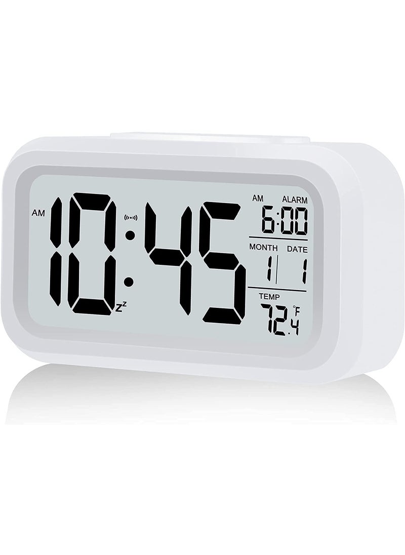 RIMCART Digital Alarm Clock with Date Indoor Temperature Battery Operated Clear Display Automatic Sensor Smart Alarm Clock for Girls Kids with Snooze Time for Table Bedroom Office Travel White