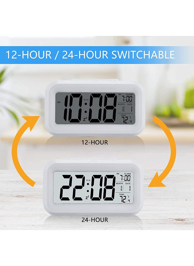 RIMCART Digital Alarm Clock with Date Indoor Temperature Battery Operated Clear Display Automatic Sensor Smart Alarm Clock for Girls Kids with Snooze Time for Table Bedroom Office Travel White