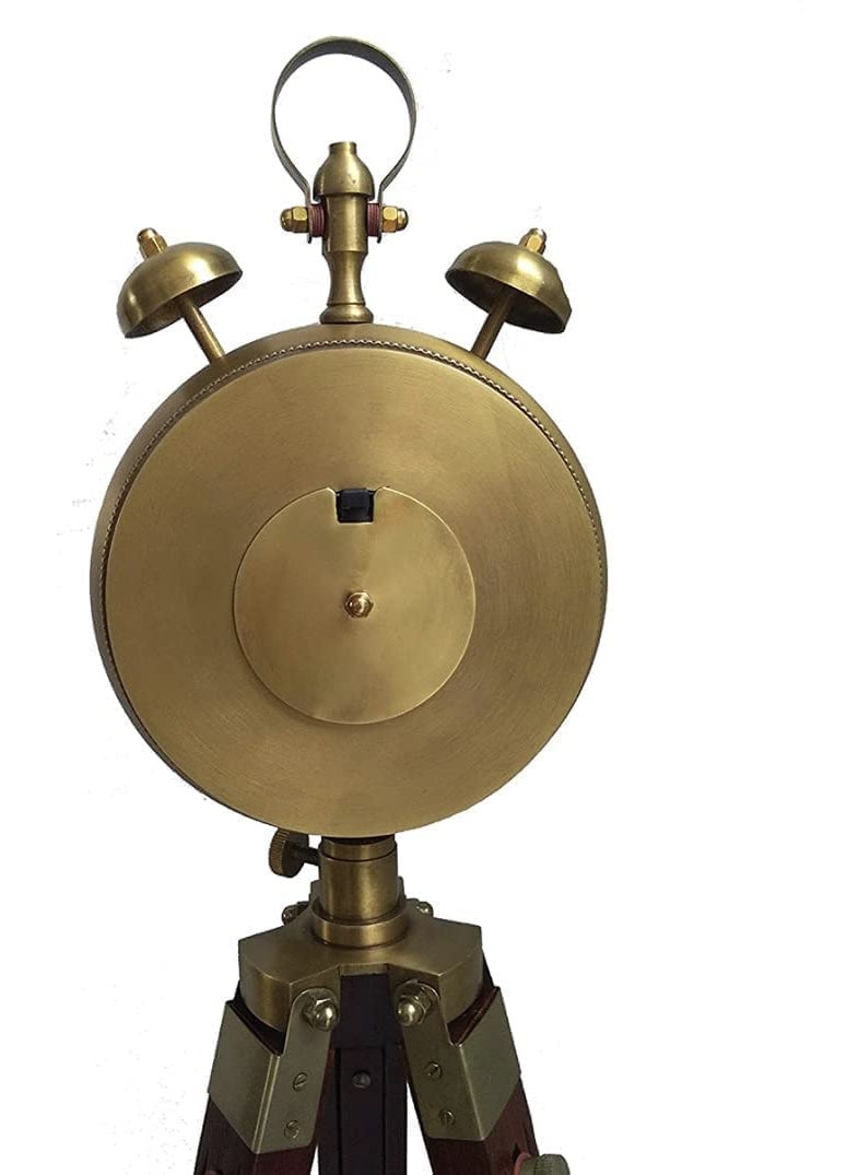 ARTIKRON Handmade Brass Wooden Tripod Stand Clock with 2 Two Bell Clock Landon Style Roman Number Diwali Home Office Bed Room Living Room Hall Decor 47 Inch White Brown