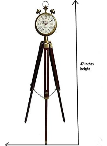 ARTIKRON Handmade Brass Wooden Tripod Stand Clock with 2 Two Bell Clock Landon Style Roman Number Diwali Home Office Bed Room Living Room Hall Decor 47 Inch White Brown