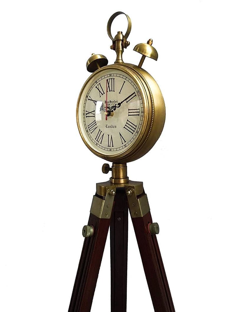 ARTIKRON Handmade Brass Wooden Tripod Stand Clock with 2 Two Bell Clock Landon Style Roman Number Diwali Home Office Bed Room Living Room Hall Decor 47 Inch White Brown