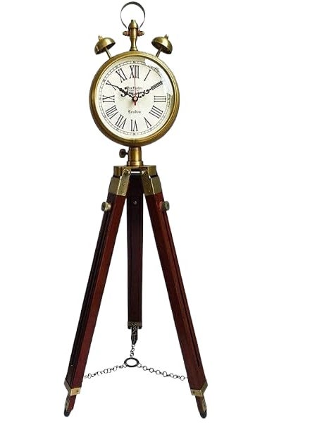 ARTIKRON Handmade Brass Wooden Tripod Stand Clock with 2 Two Bell Clock Landon Style Roman Number Diwali Home Office Bed Room Living Room Hall Decor 47 Inch White Brown