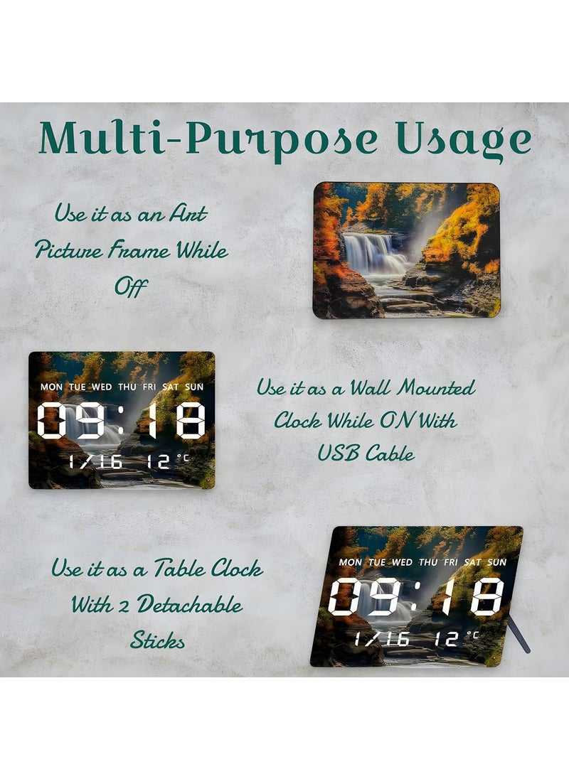 Umi Acrylic Digital Wall Clock for Bedroom Living Room Stylish with LED USB Tabletop 3D Picture Clocks with Time Day Date Month Temperature Display for Home Office 27x20cm Waterfall