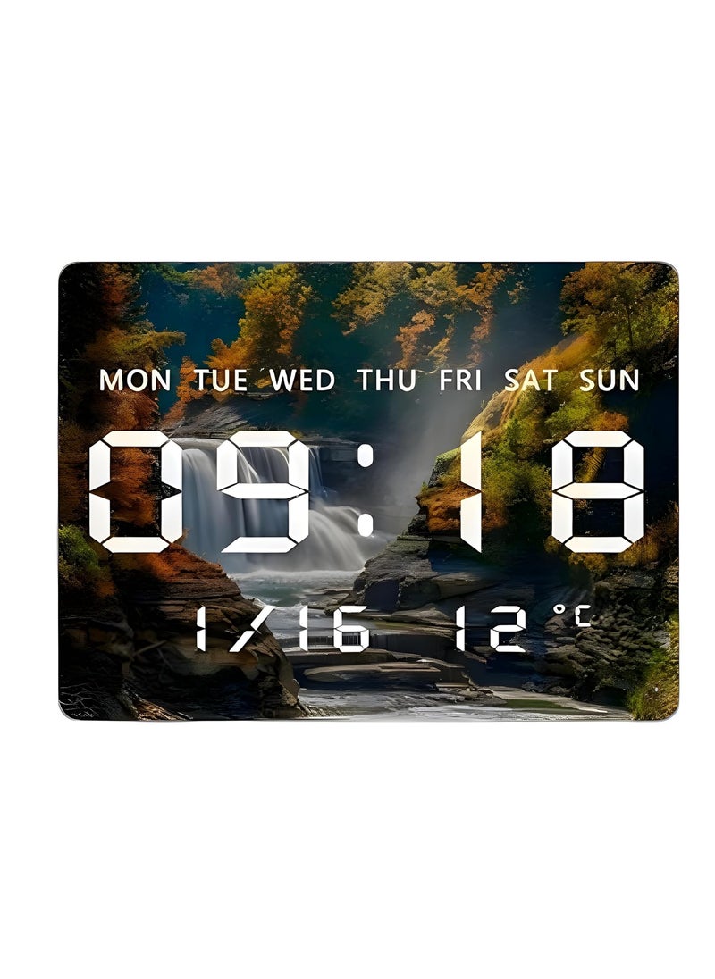 Umi Acrylic Digital Wall Clock for Bedroom Living Room Stylish with LED USB Tabletop 3D Picture Clocks with Time Day Date Month Temperature Display for Home Office 27x20cm Waterfall