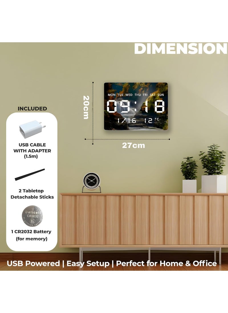 Umi Acrylic Digital Wall Clock for Bedroom Living Room Stylish with LED USB Tabletop 3D Picture Clocks with Time Day Date Month Temperature Display for Home Office 27x20cm Waterfall