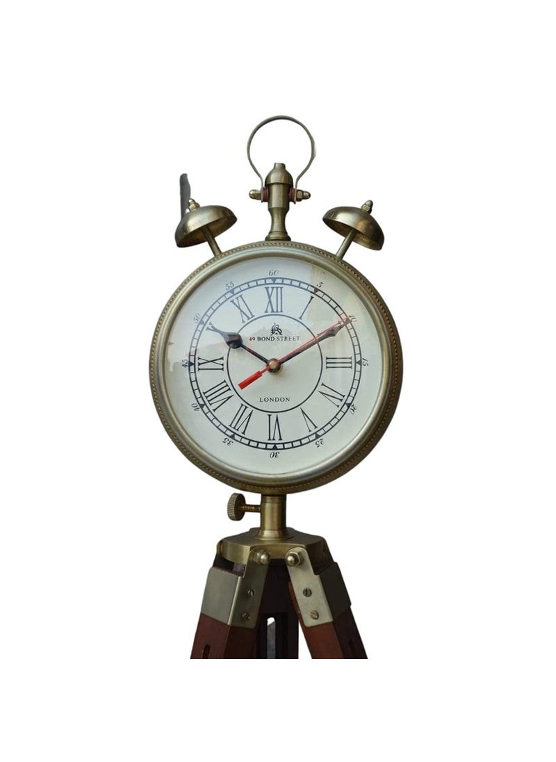 Light It Up Wooden Grandfather 2 Two Bell Clock with Stand Tripod Floor Clock Adjustable Vintage Brass Antique Look Home Decor Table Stand Decorative Brown